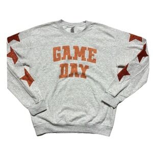 Game Day Sweatshirt School Spirit Gray Orange Glitter Stars Blingy Sports Size S